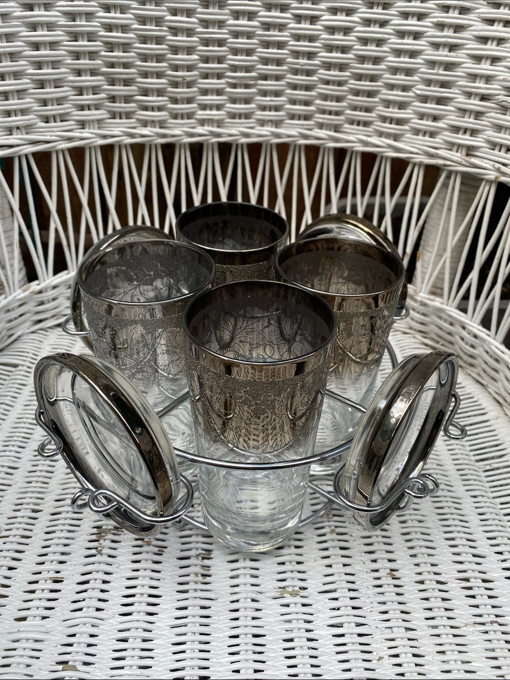 4 Vintage Silver-Trimmed Glass Tumbler Set with Coasters and Carrier